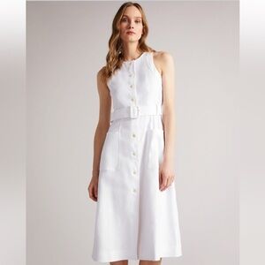 Ted Baker Jancita Belted Linen-Blend Midi Dress in white